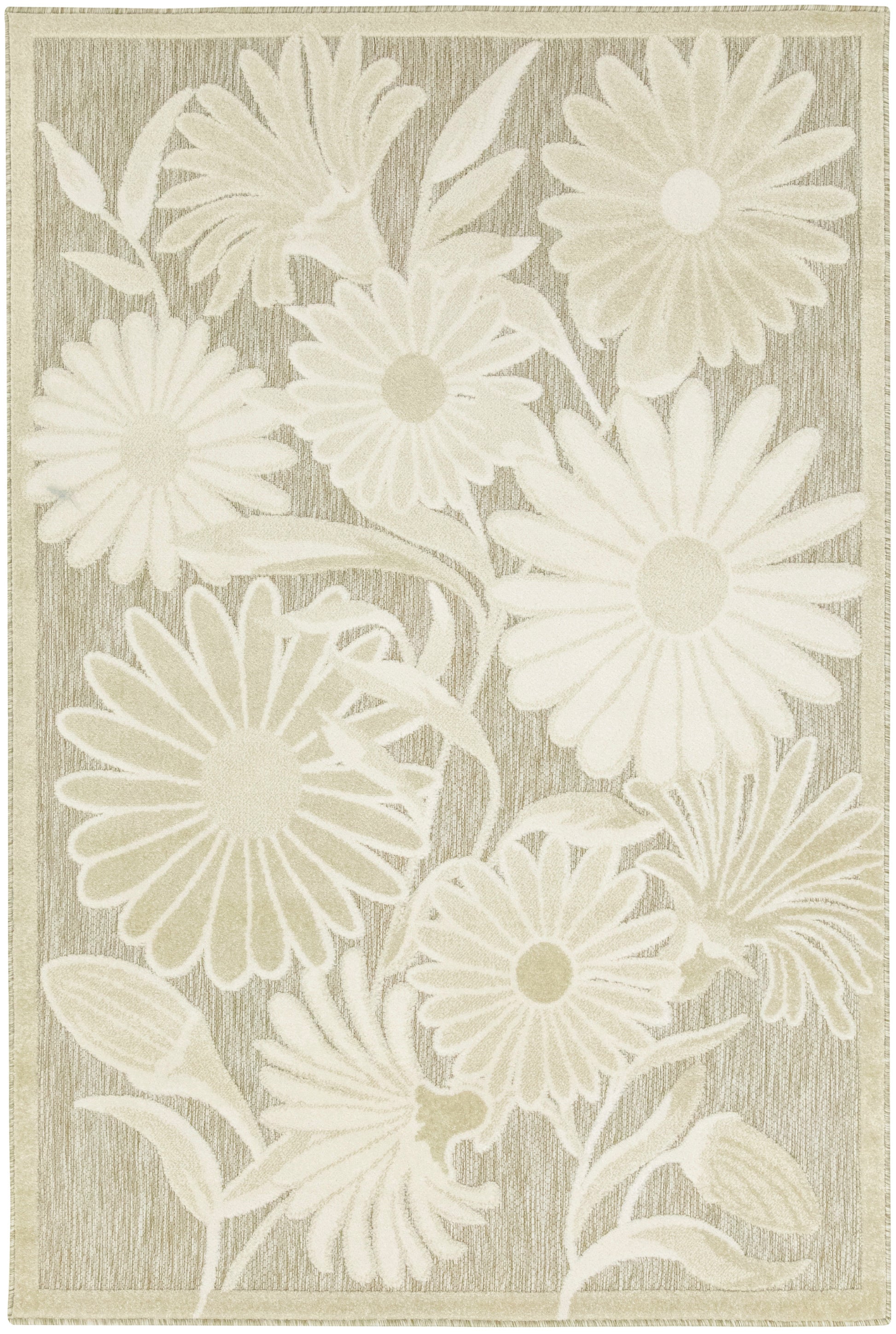 Beige rectangular rug with large ivory daisies and leafy botanical motif, textured background.