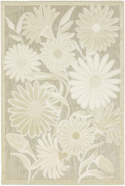 Beige rectangular rug with large ivory daisies and leafy botanical motif, textured background.