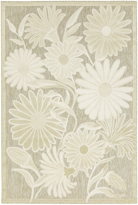 Beige rectangular rug with large ivory daisies and leafy botanical motif, textured background.