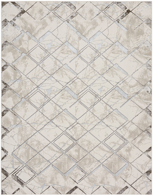 Beige rug with a marble-inspired pattern and subtle gray diamond lattice in a geometric design, 9' x 12'.