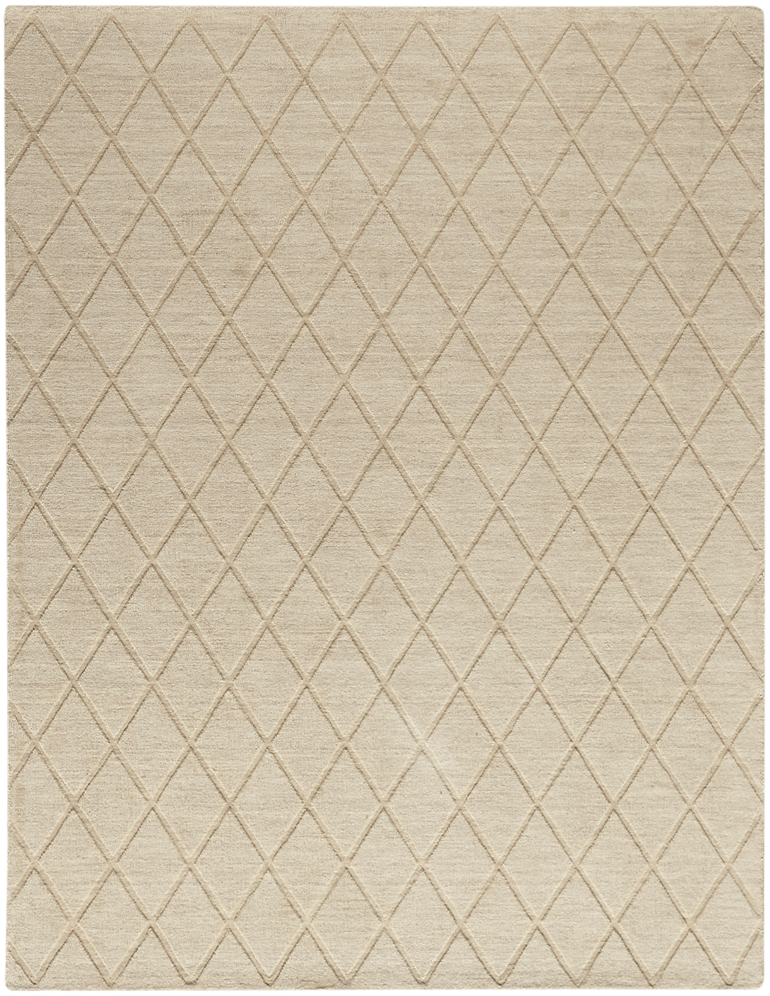 Beige rectangular woven rug with a diamond lattice pattern and subtle texture; neutral, versatile home decor.