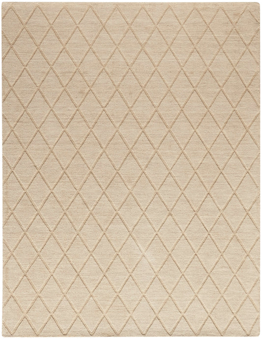 Beige rectangular woven rug with a diamond lattice pattern and subtle texture; neutral, versatile home decor.