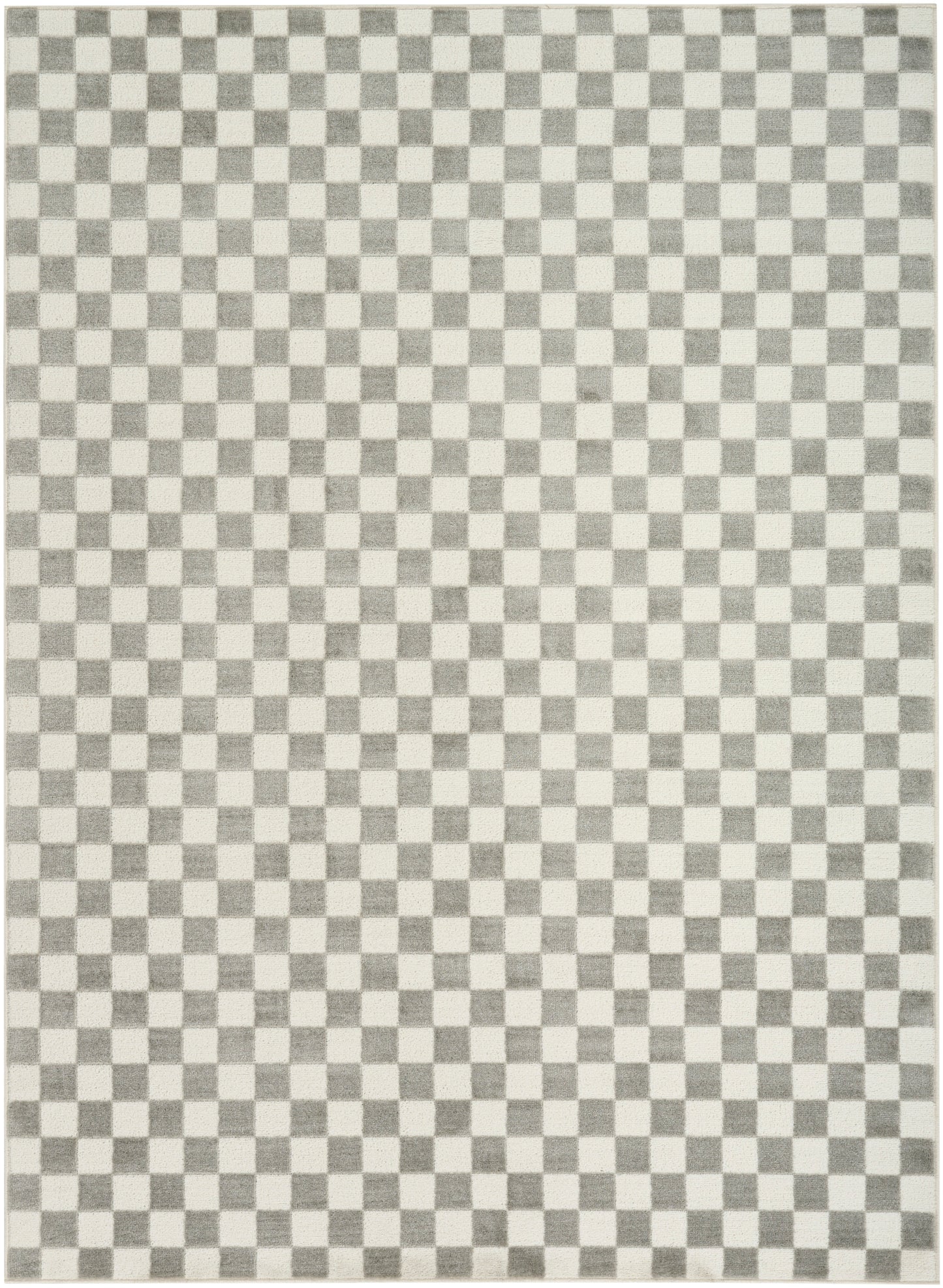 Gray and white checkerboard rug with a small square pattern; modern geometric decor.