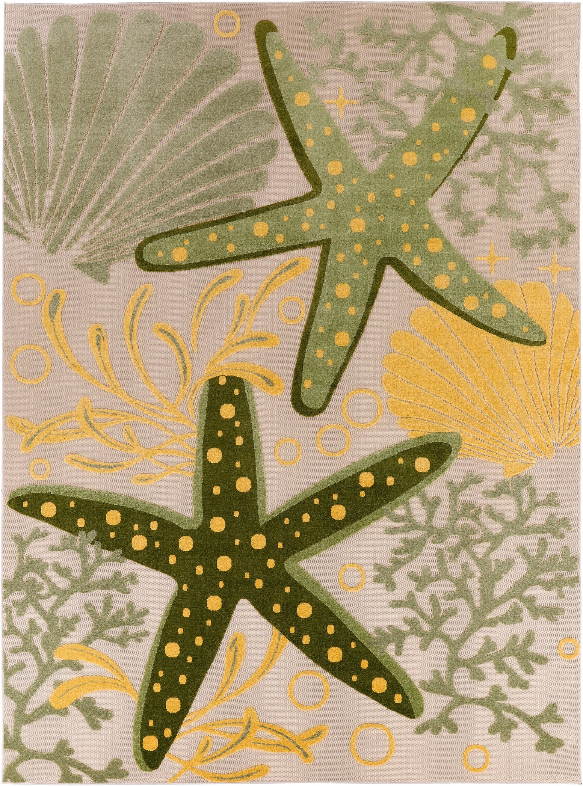 Beige sea-life rug with two green starfish dotted with yellow, coral and shell motifs in yellow and sage greens.