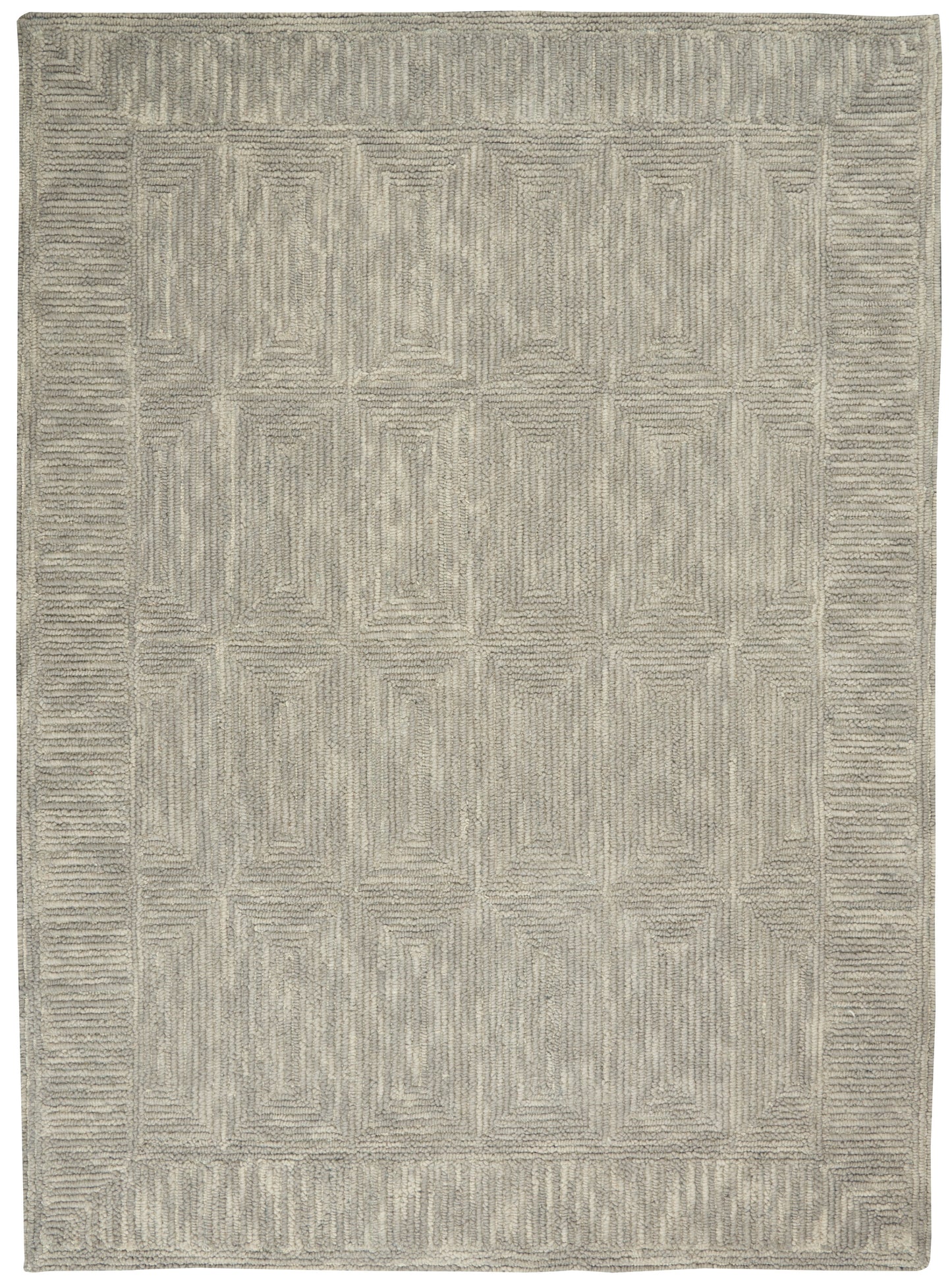 Rectangular grey rug with raised geometric square motif, neutral tones and textured border.