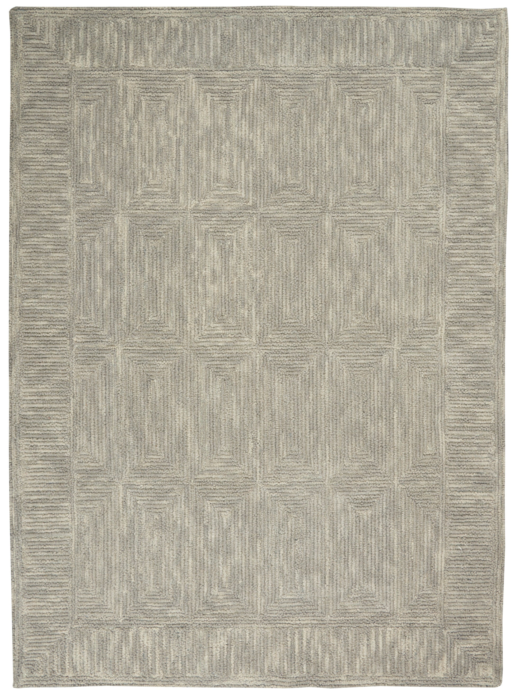 Rectangular grey rug with raised geometric square motif, neutral tones and textured border.
