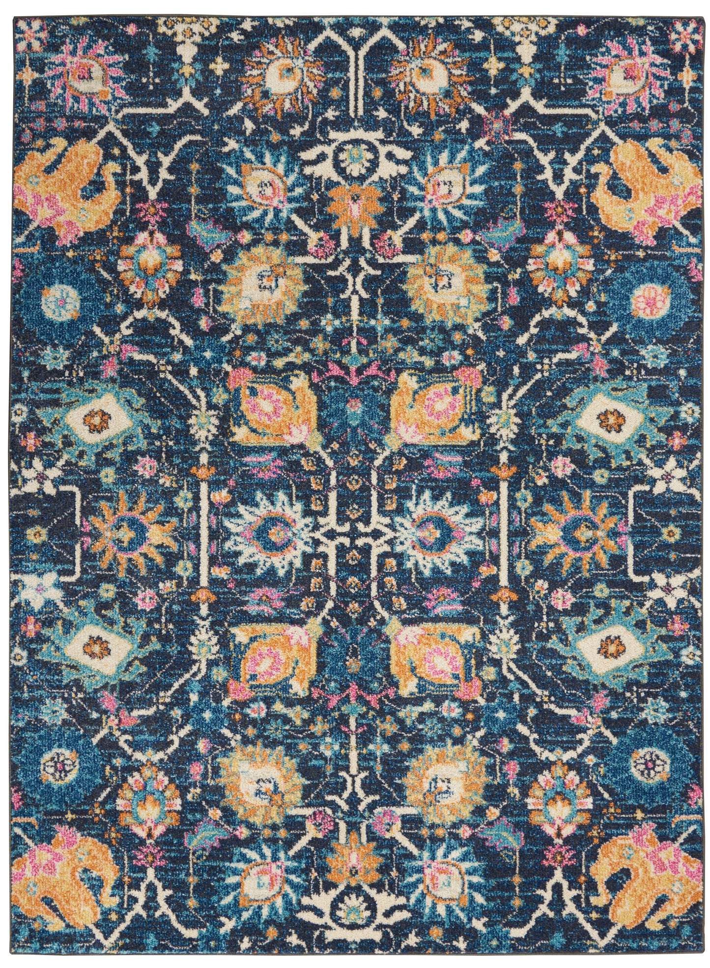 Rectangular navy-blue oriental rug with ivory lattice and vivid yellow, pink, teal floral motifs.
