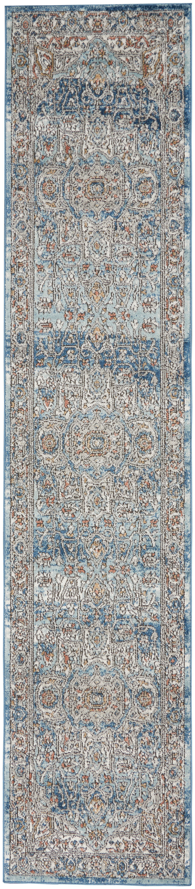 Blue-beige oriental-style runner rug with faded medallions and intricate floral motifs.