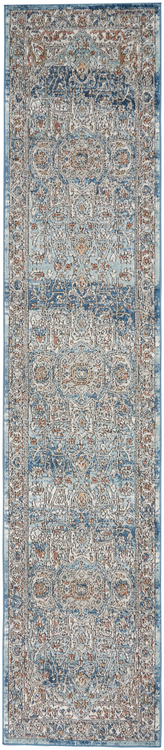 Blue-beige oriental-style runner rug with faded medallions and intricate floral motifs.