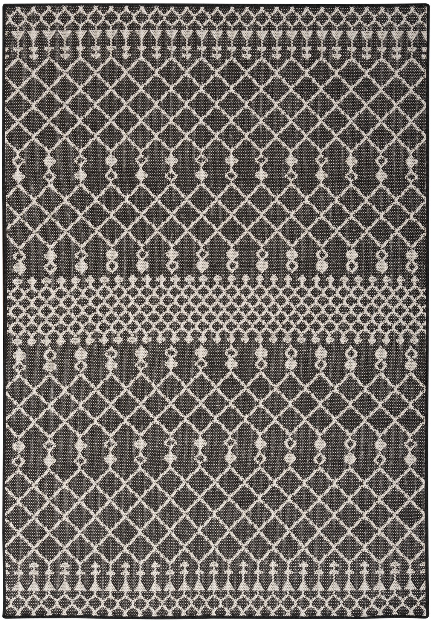 Dark charcoal and ivory geometric rug with diamond lattice pattern and decorative striped borders.