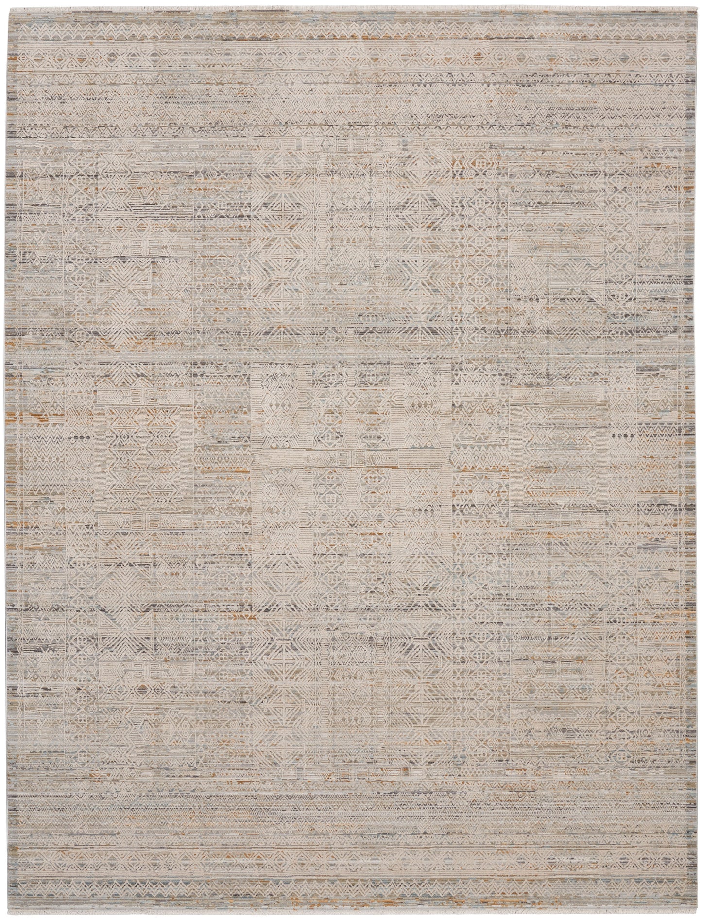 Neutral-toned distressed geometric area rug with faded tribal motifs in beige, taupe, and gray