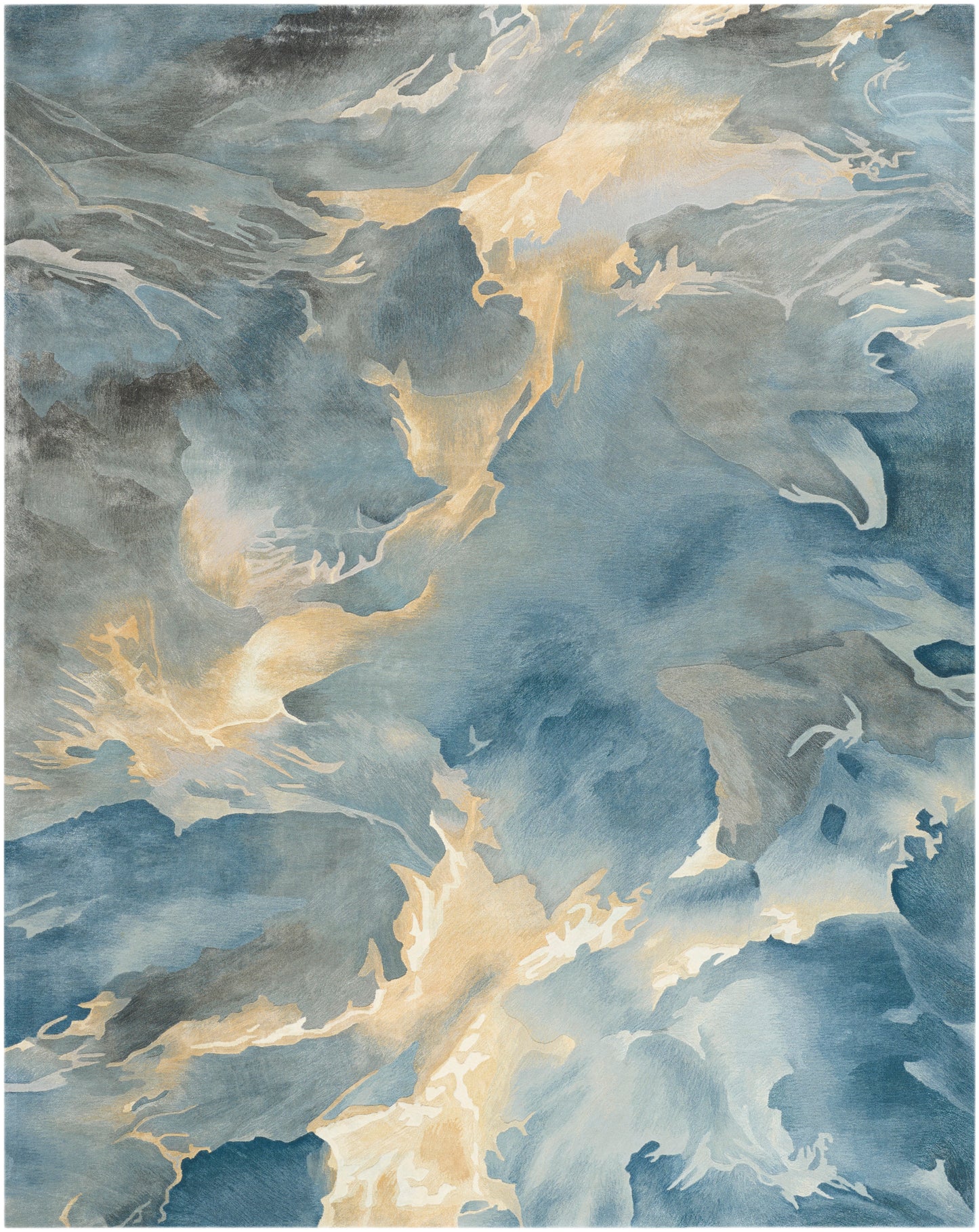 Rectangular area rug with abstract marbled pattern in blue, cream and tan.