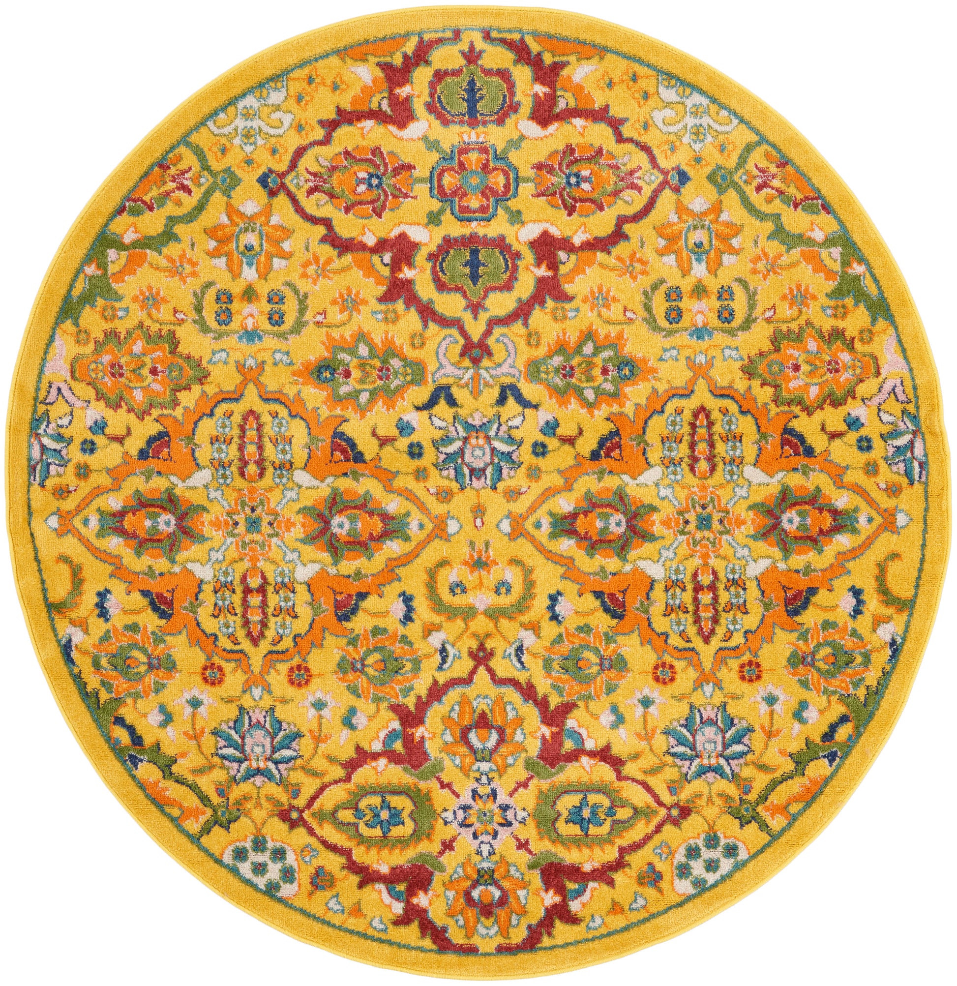 Round yellow rug with vibrant multicolor floral motif and ornate border; decorative Oriental-style floor covering.
