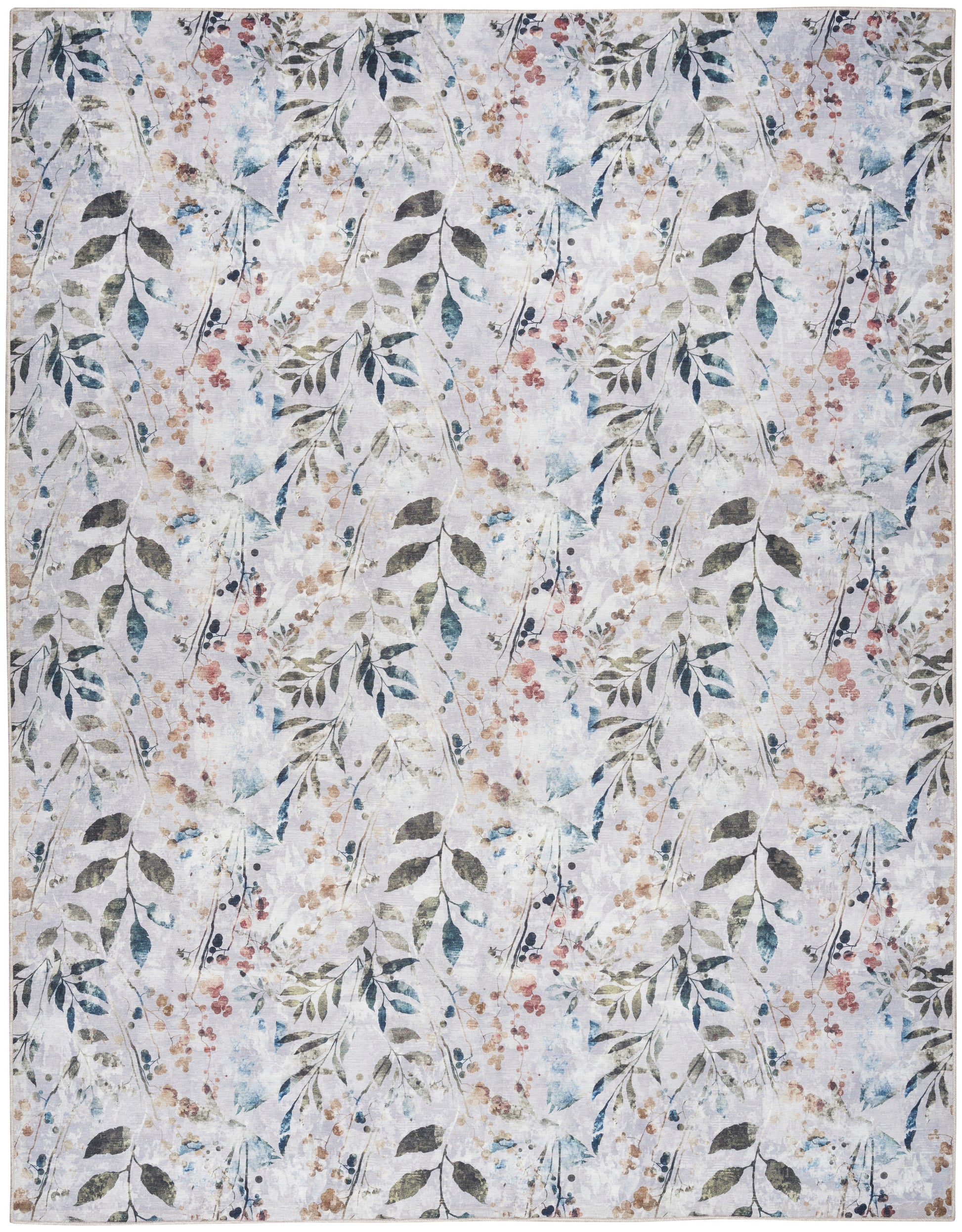Pastel floral rug with hanging branches, blue-green leaves and tiny pink blossoms on a light gray-beige background.