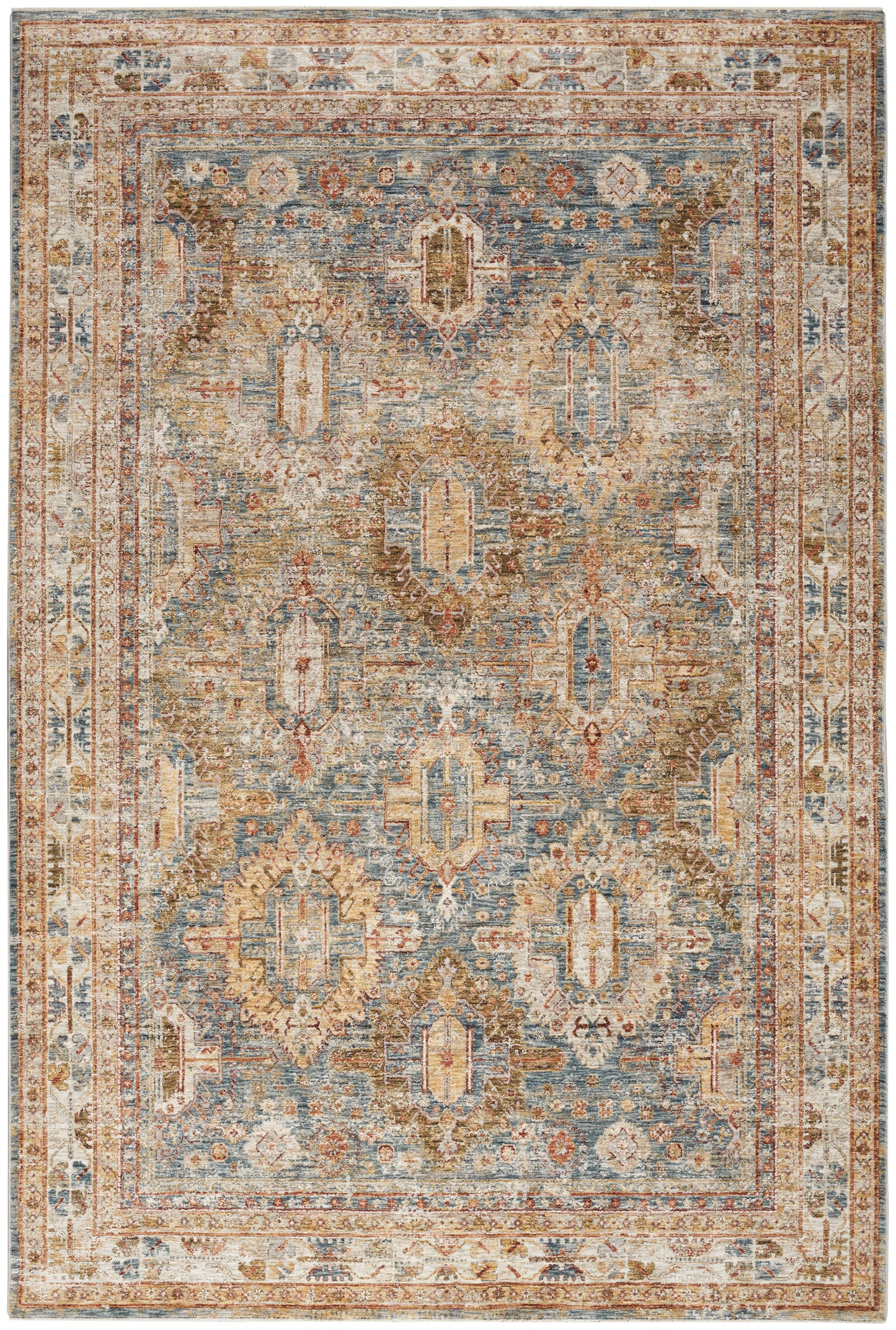 Rectangular vintage oriental rug with blue field, rust and ivory floral motifs and ornate beige border.