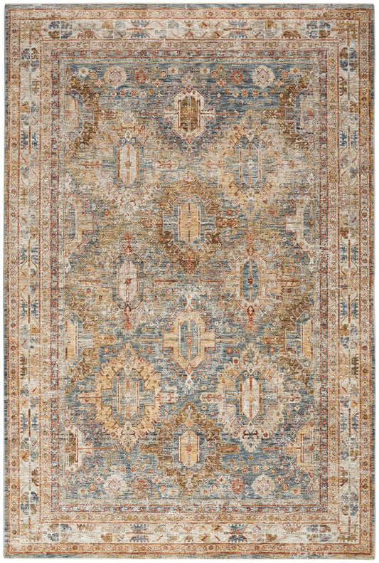 Rectangular vintage oriental rug with blue field, rust and ivory floral motifs and ornate beige border.
