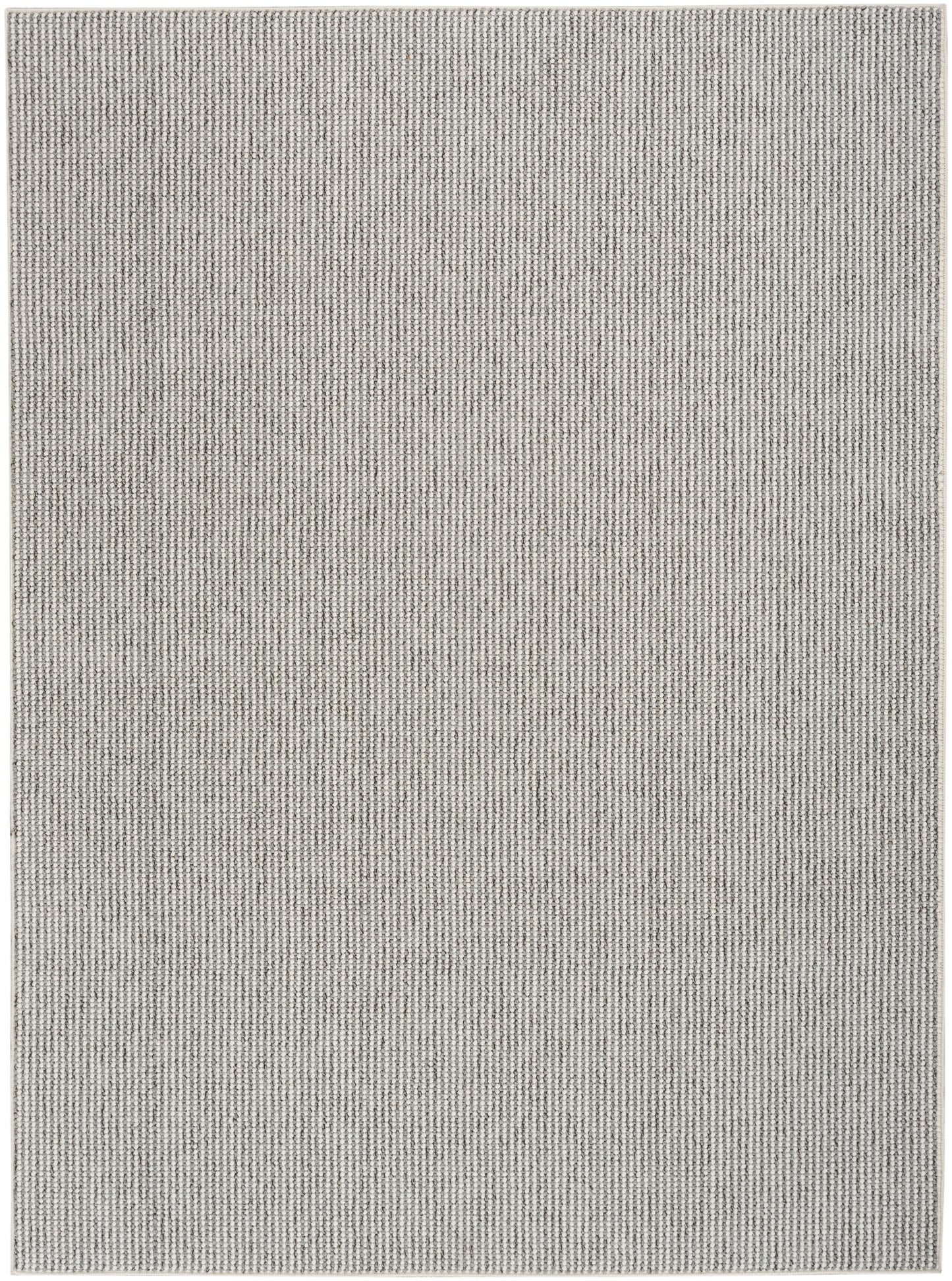 Rectangular light gray area rug with a fine looped weave and subtle vertical rib texture for farmhouse-style spaces.