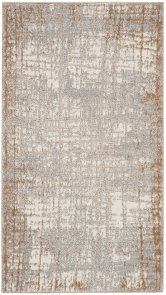 Rectangular area rug with beige, ivory and gray distressed abstract pattern and copper-brown accents; modern vintage style.