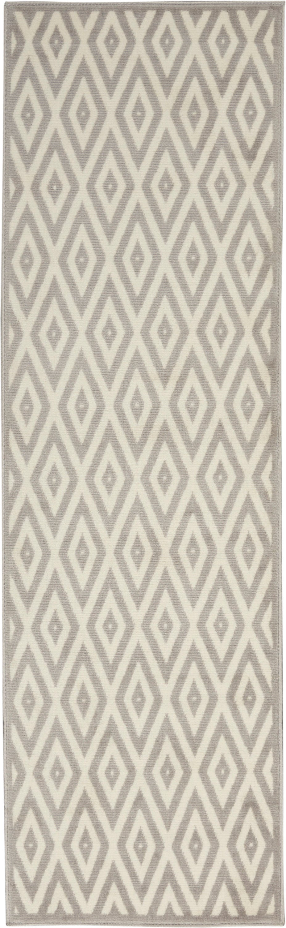 Grey & ivory diamond geometric runner rug, long rectangular.