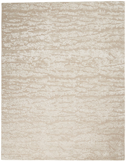 Beige textured area rug with subtle marbled pattern in cream and taupe tones.