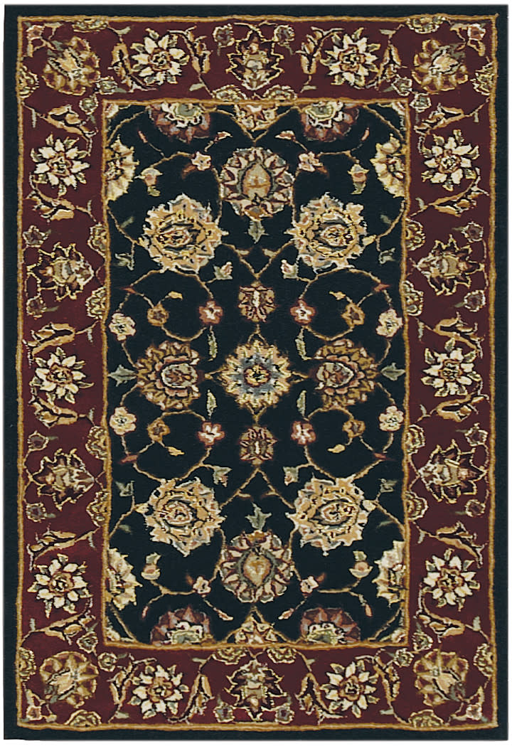 Traditional Persian-style rectangular rug with black center, gold floral pattern, and burgundy border.