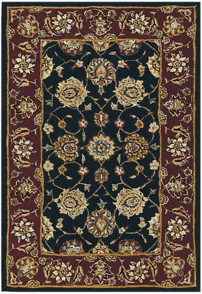 Traditional Persian-style rectangular rug with black center, gold floral pattern, and burgundy border.