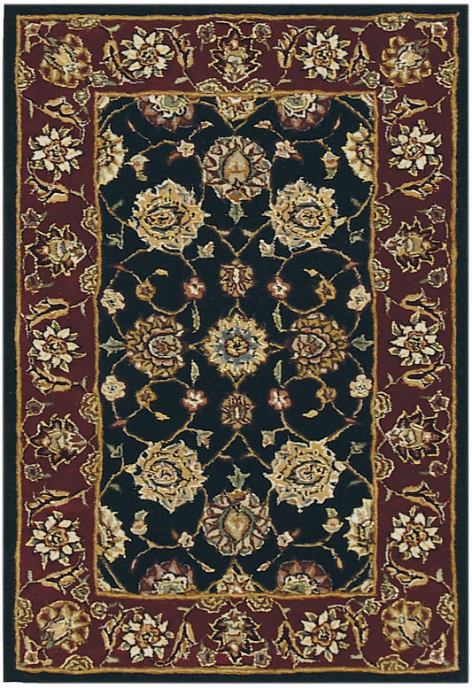 Traditional Persian-style rectangular rug with black center, gold floral pattern, and burgundy border.