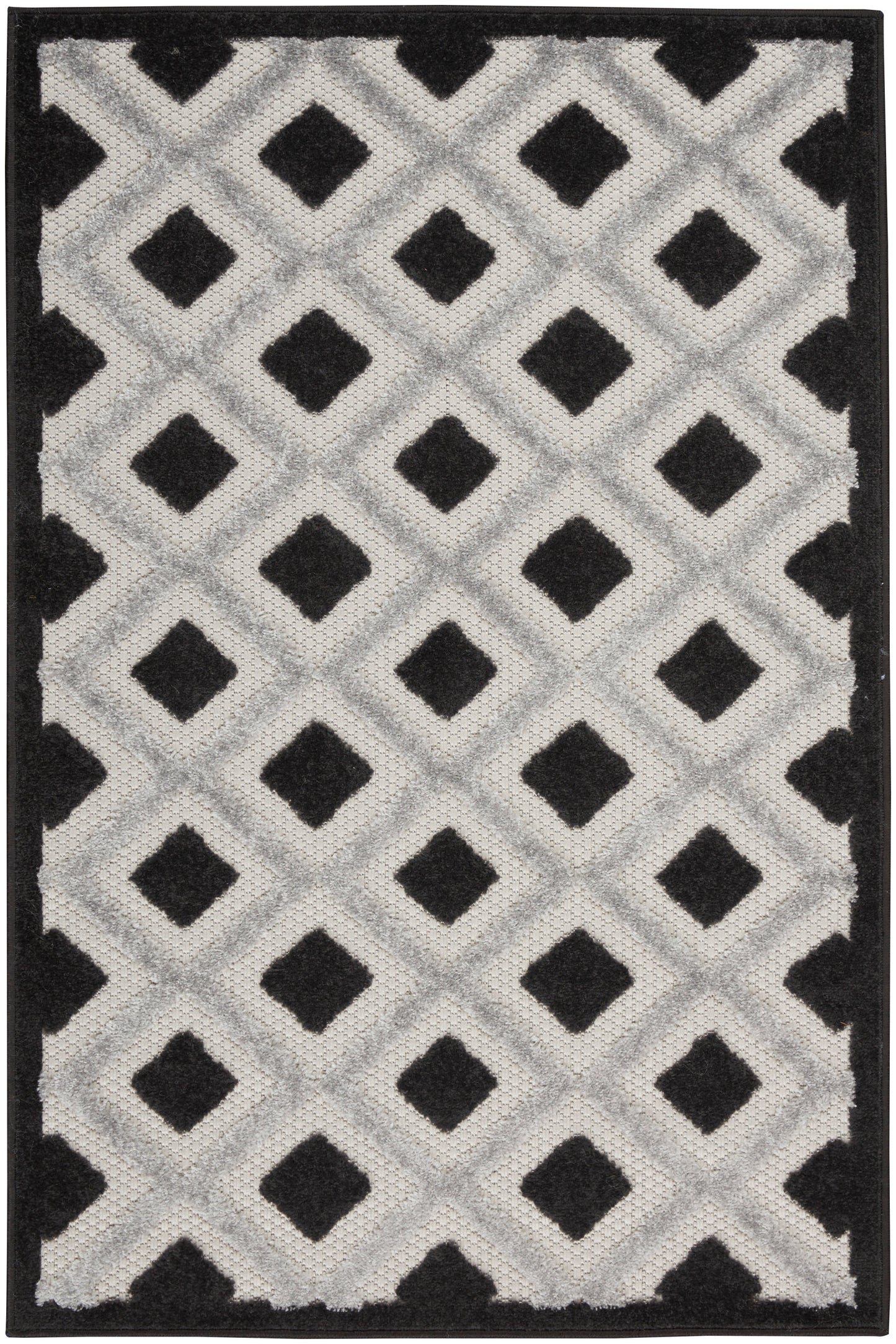 Geometric area rug with repeating diamond lattice in light gray and black, with a solid black border.