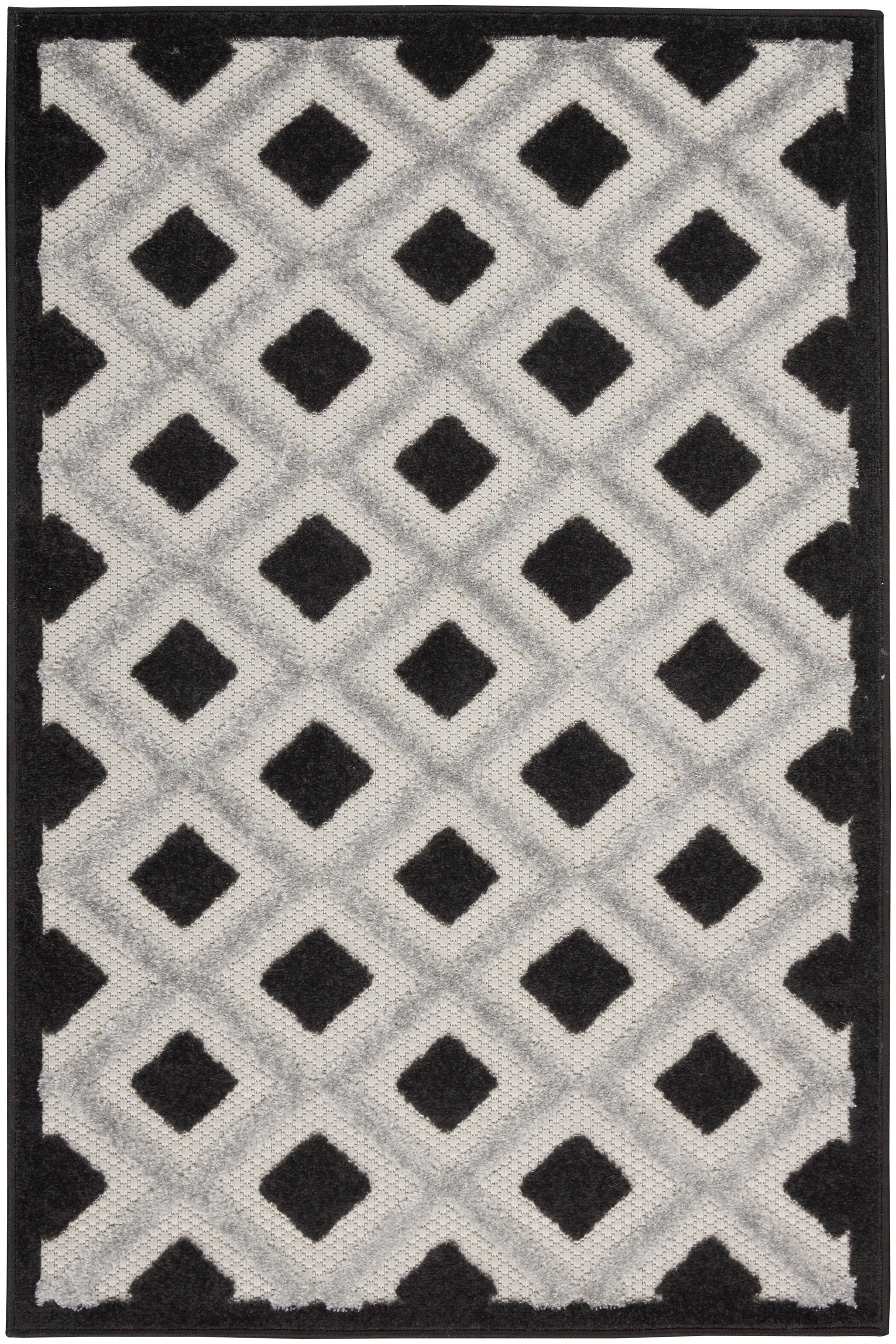 Geometric area rug with repeating diamond lattice in light gray and black, with a solid black border.