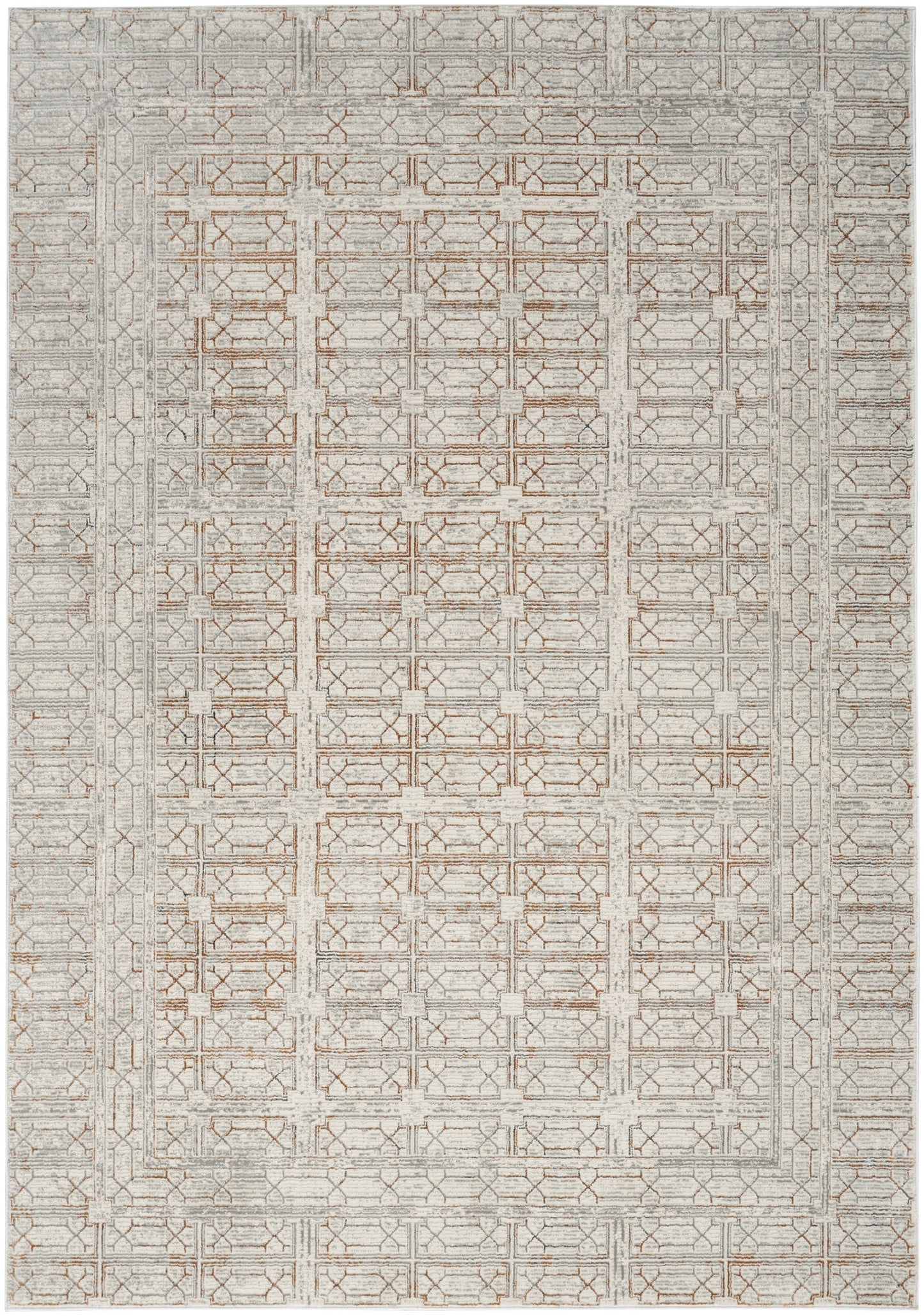 Rectangular area rug with a light beige/gray base and a copper-toned geometric lattice pattern; vintage, distressed look.