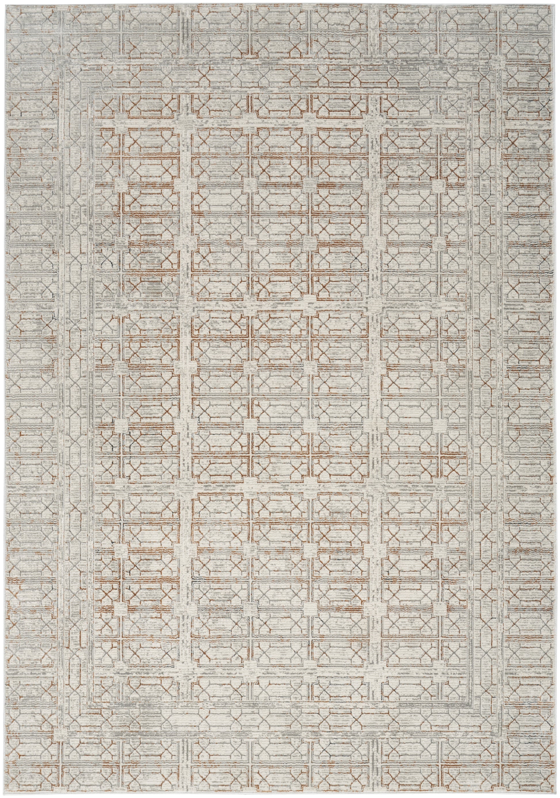 Rectangular area rug with a light beige/gray base and a copper-toned geometric lattice pattern; vintage, distressed look.