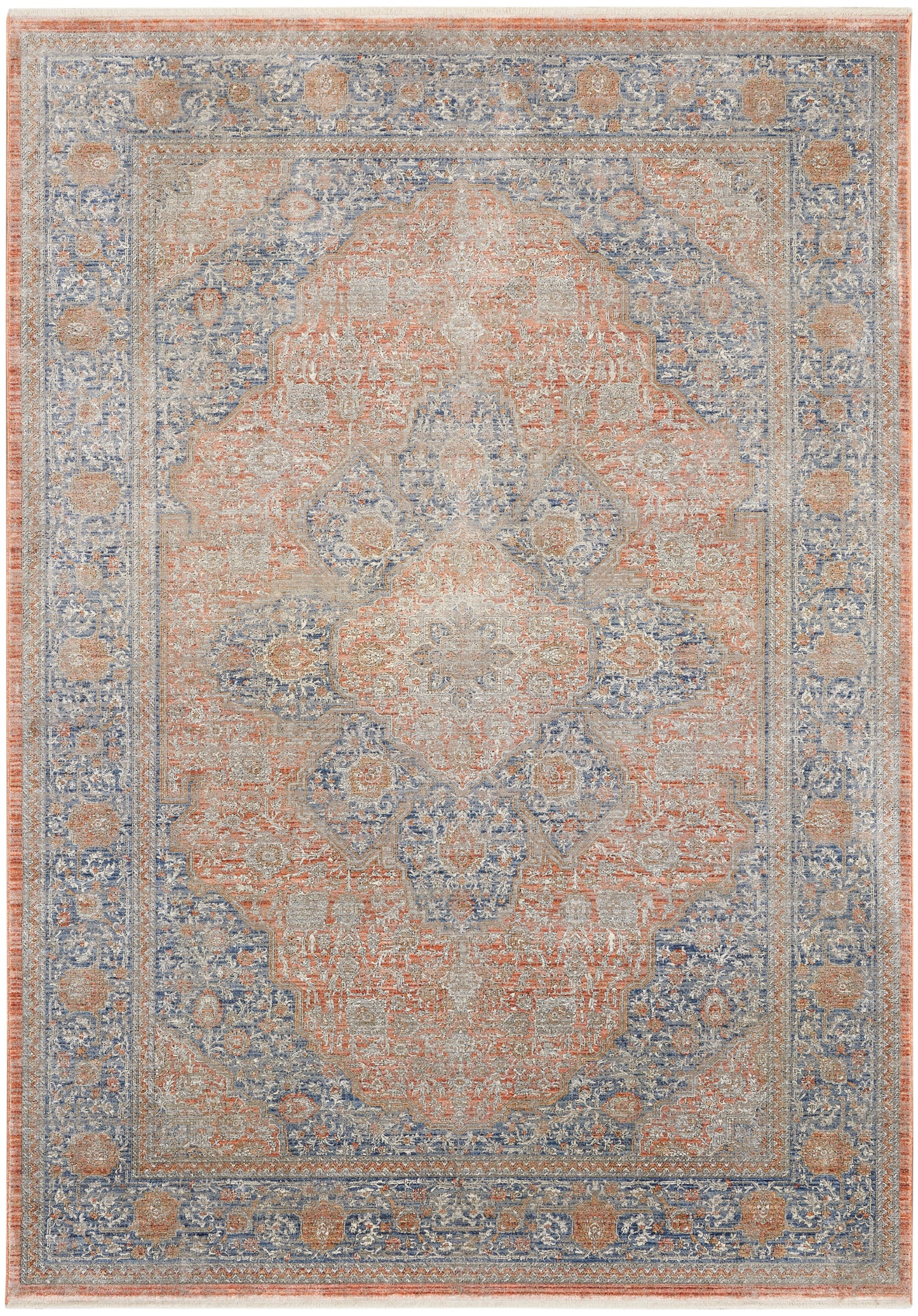 Blue and peach oriental rug with central medallion, intricate floral border and vintage distressed pattern.
