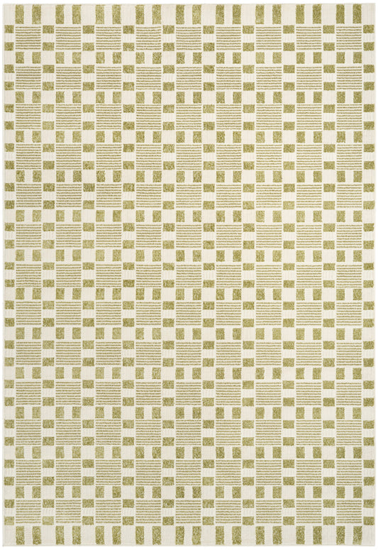 Cream rug with olive-green textured square blocks forming a subtle geometric grid; woven, modern rug for living spaces.