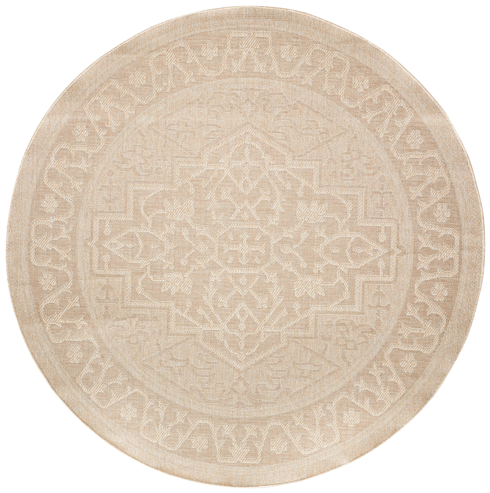 Beige round woven rug with intricate oriental medallion pattern; natural fiber look for living room decor.