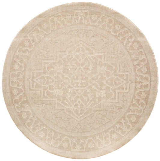 Beige round woven rug with intricate oriental medallion pattern; natural fiber look for living room decor.