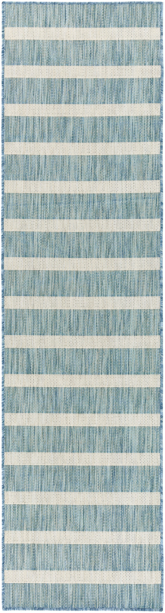 Woven blue and cream rug runner with alternating textured blue bands and ivory stripes; flat-weave with fringe edges.