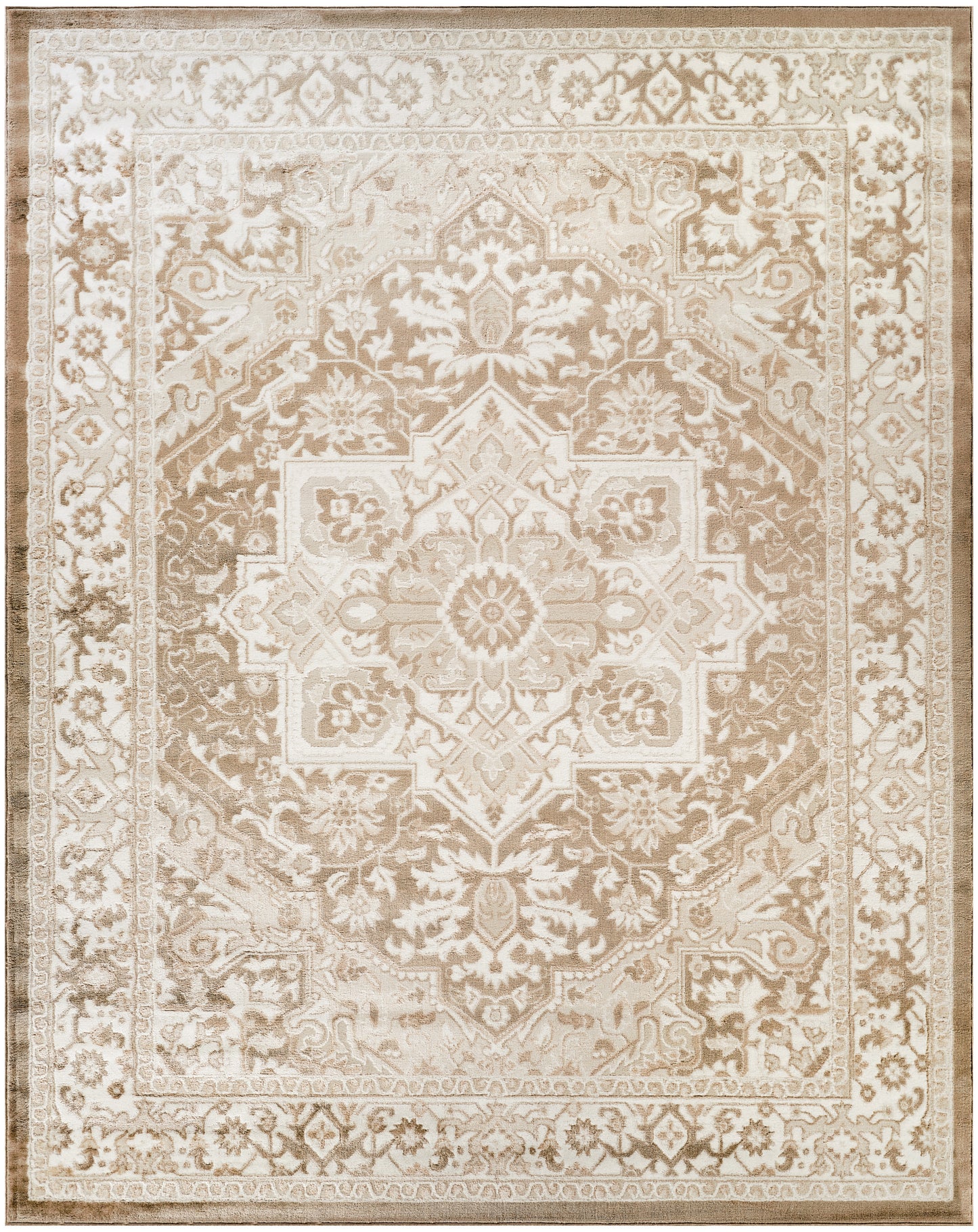 Beige oriental area rug with a central floral medallion, ornate border, and vintage-inspired damask pattern.