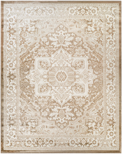 Beige oriental area rug with a central floral medallion, ornate border, and vintage-inspired damask pattern.