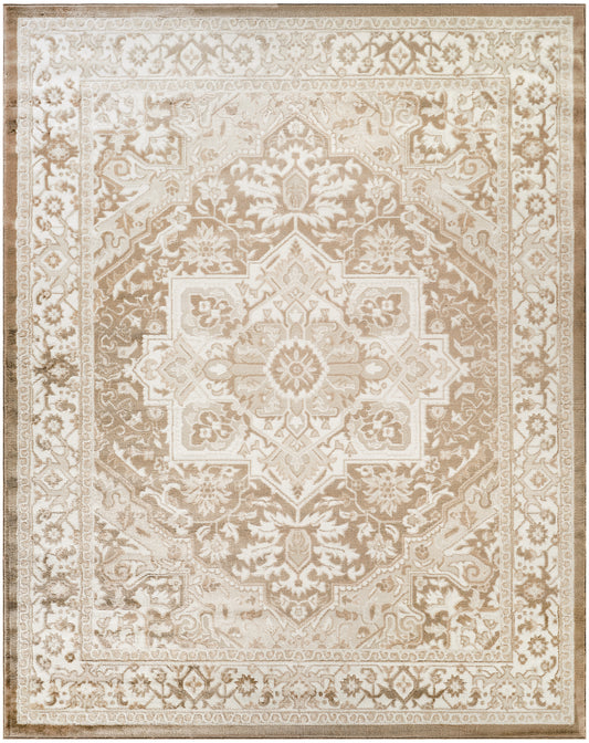 Beige oriental area rug with a central floral medallion, ornate border, and vintage-inspired damask pattern.