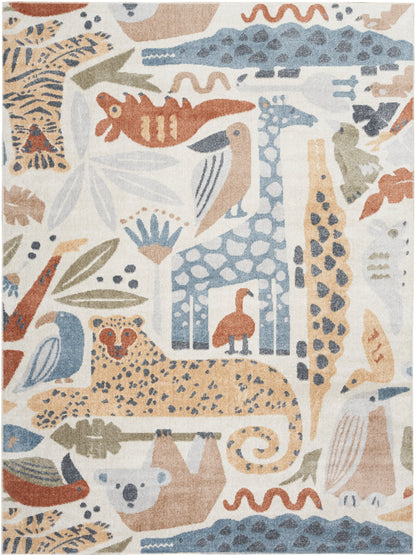Whimsical safari-inspired rug featuring giraffes, leopards, elephants, birds and jungle foliage in blue, orange and beige.