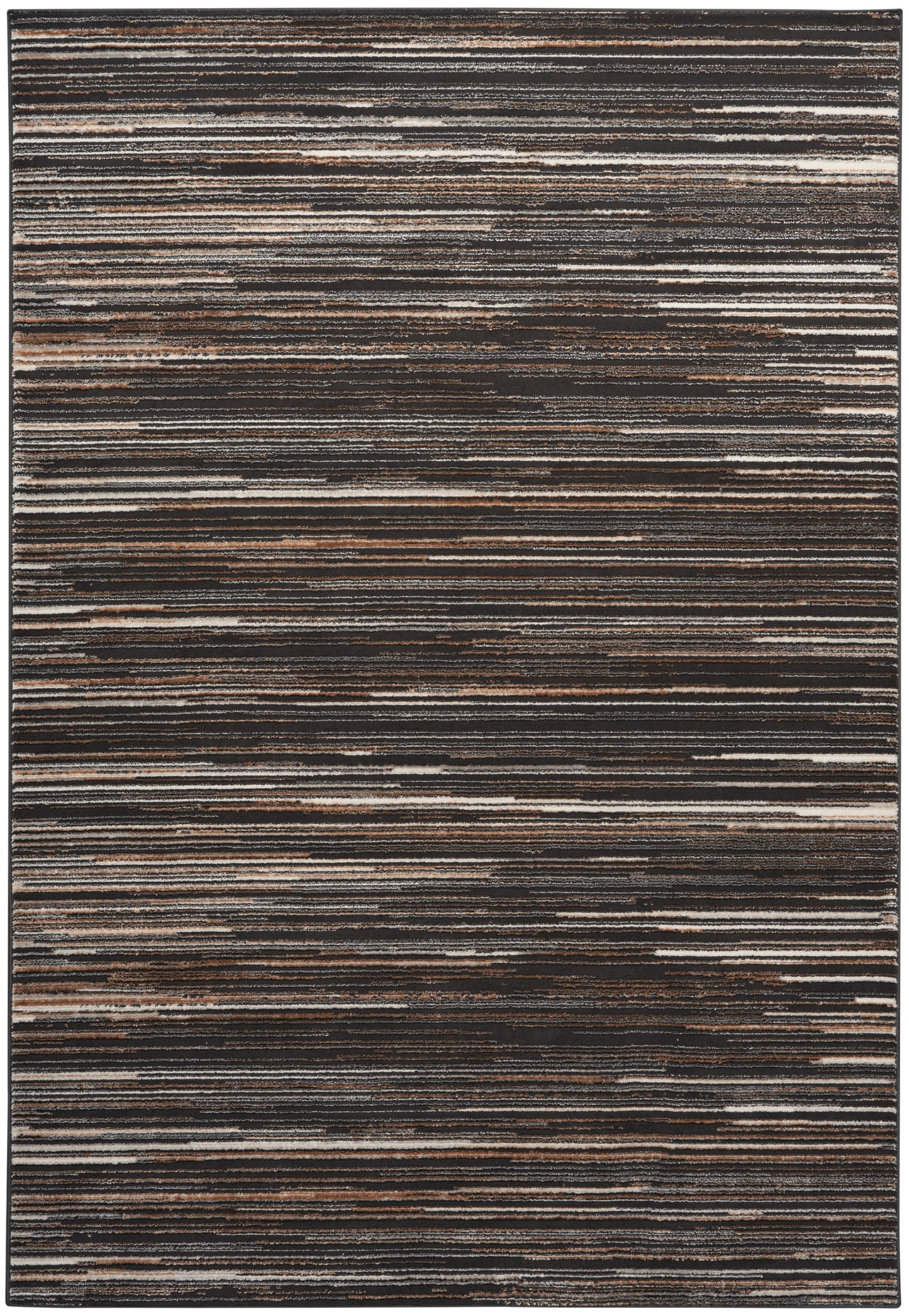 Rectangular area rug with narrow horizontal stripes in dark browns, blacks, grays and creams.