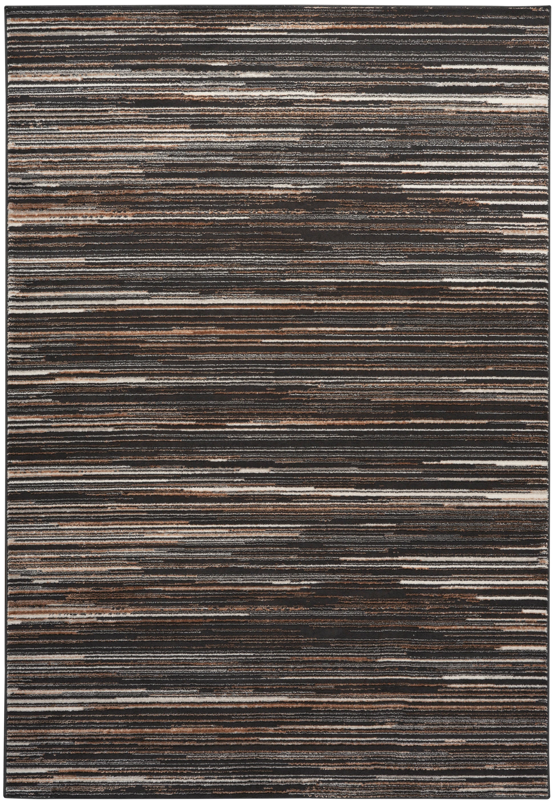 Rectangular area rug with narrow horizontal stripes in dark browns, blacks, grays and creams.
