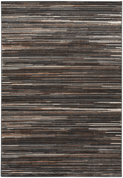 Rectangular area rug with narrow horizontal stripes in dark browns, blacks, grays and creams.