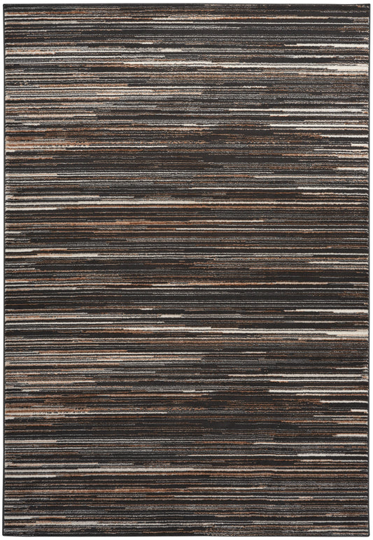 Rectangular area rug with narrow horizontal stripes in dark browns, blacks, grays and creams.