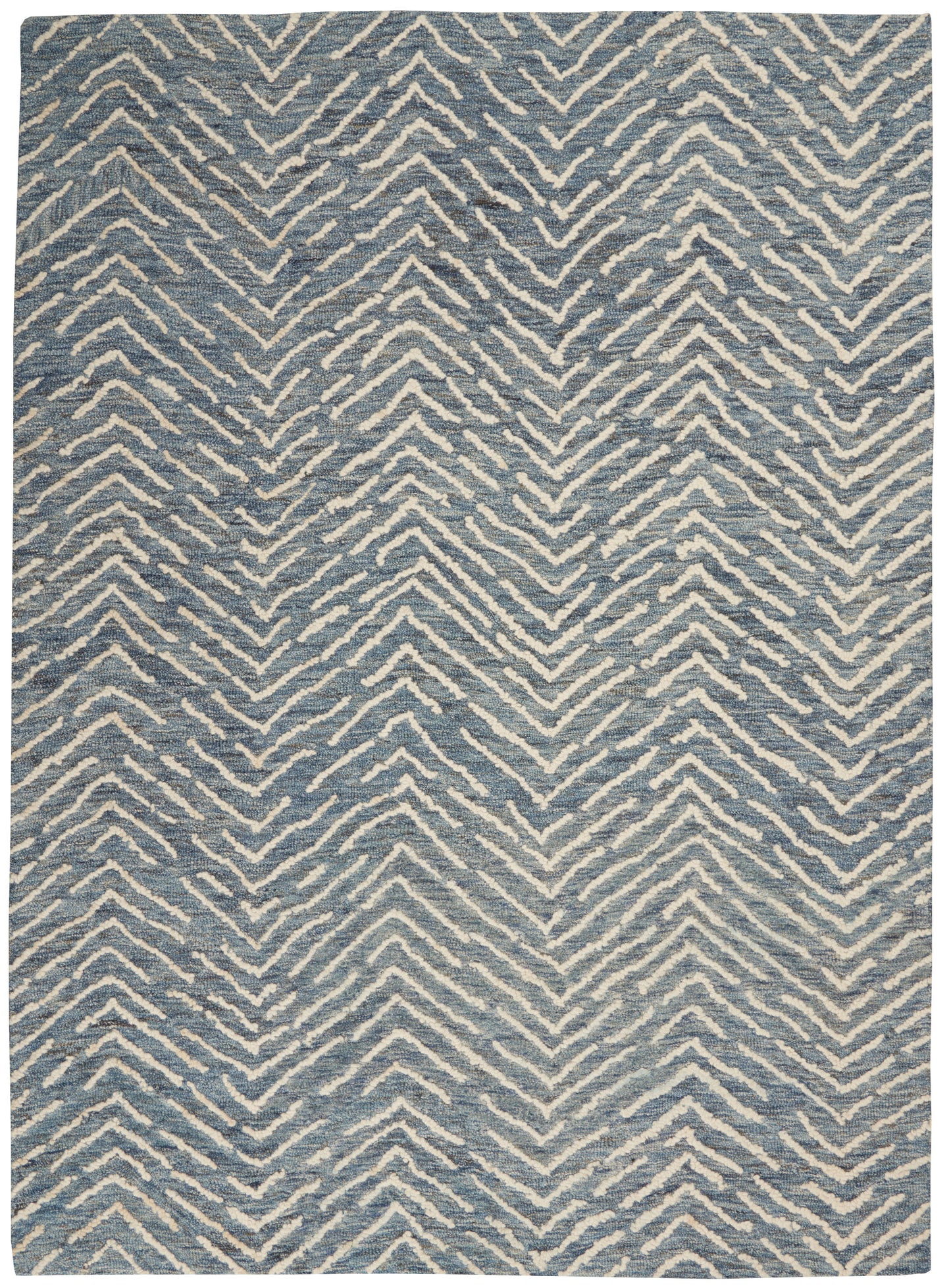 Blue and white chevron-patterned rug with a woven texture, modern area rug for the living room.