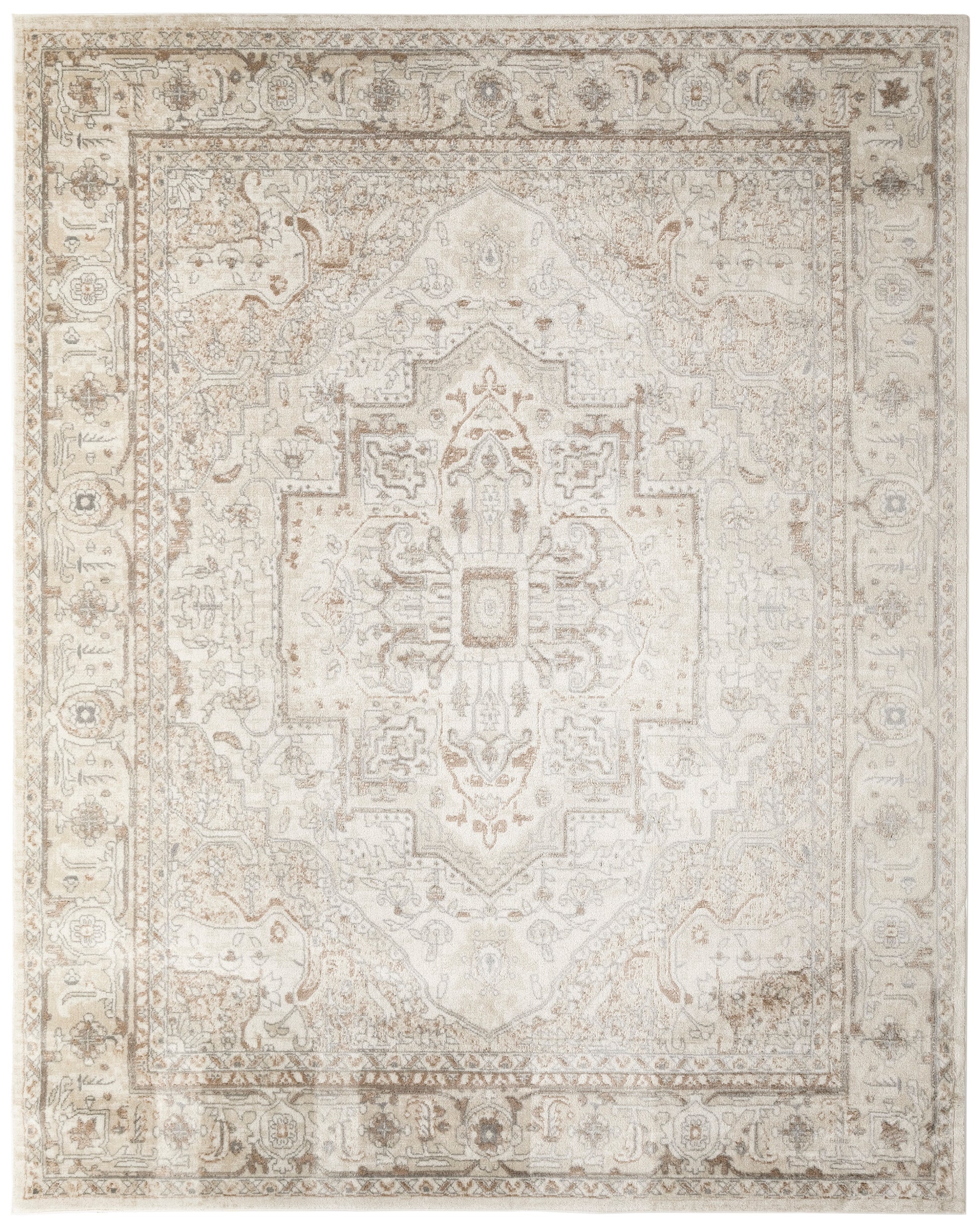 Cream-tan distressed Persian-style area rug with central medallion and ornate border.