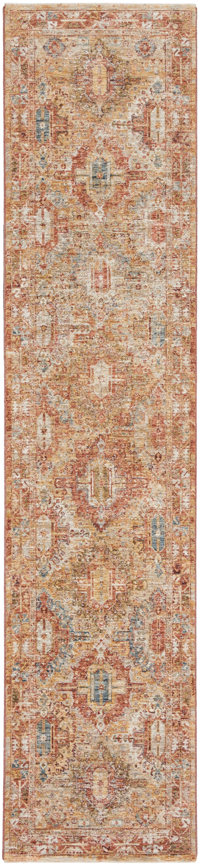 Distressed vintage-style oriental rug runner in warm terracotta, ivory, coral and blue with geometric medallions.