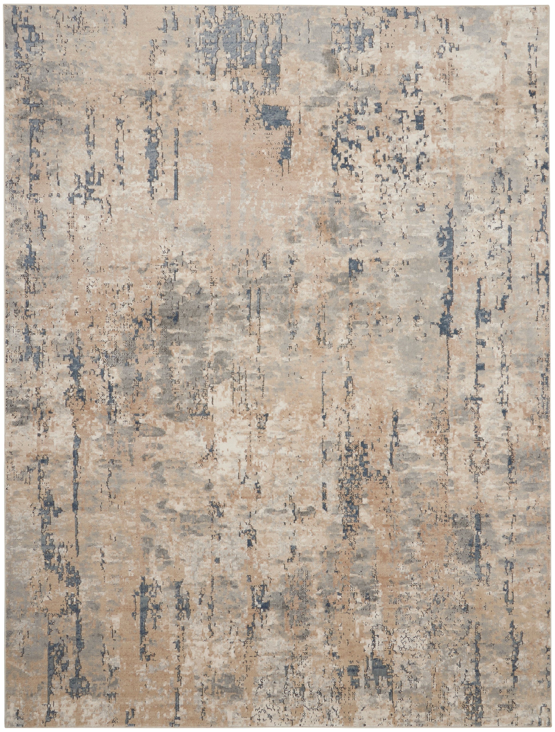 Abstract distressed area rug in beige, taupe and blue-gray tones with a muted, painterly pattern.