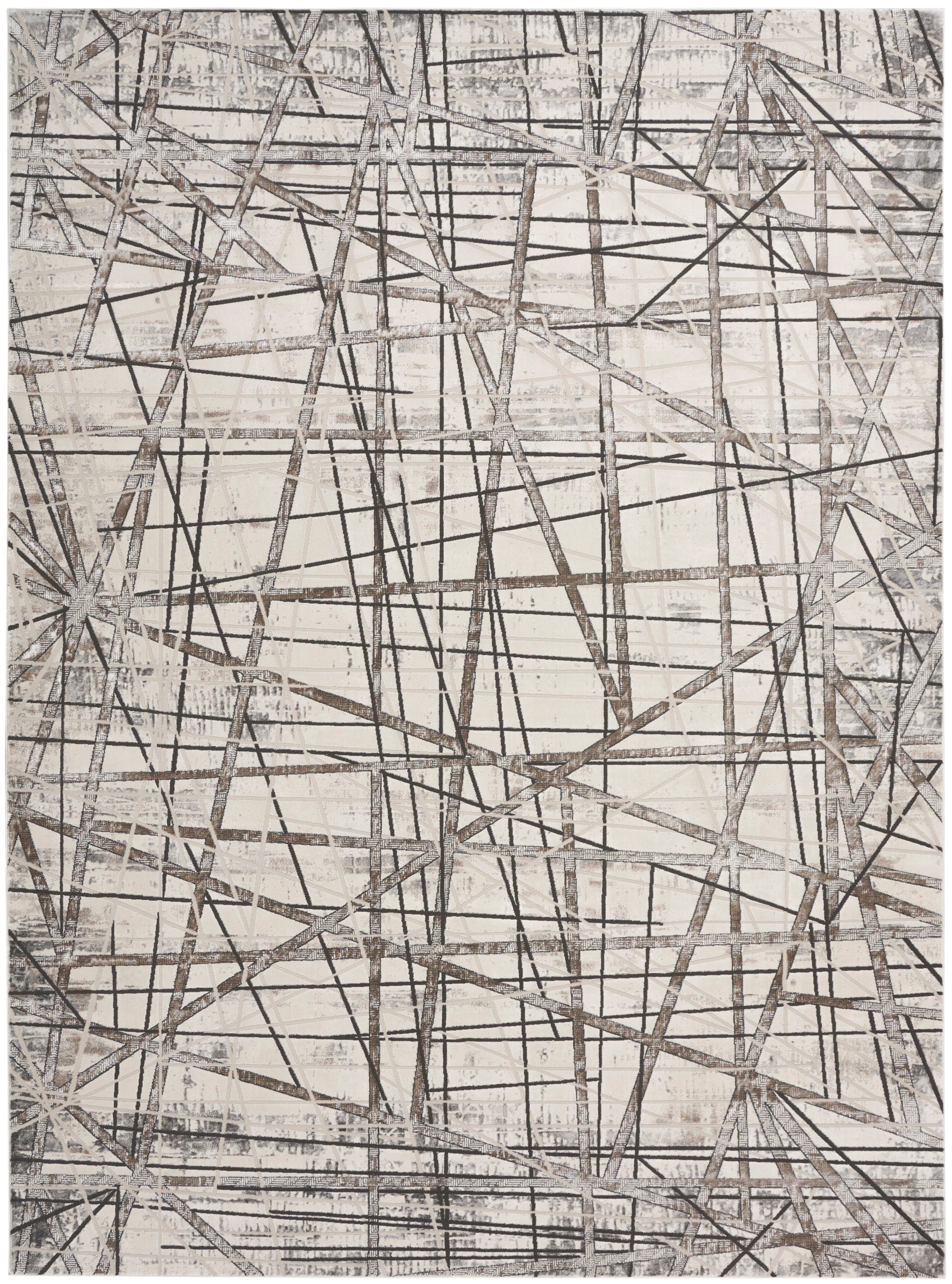 Monochrome abstract rug with a tangle of intersecting gray lines on an off-white background; modern rug design, 9' x 12'.