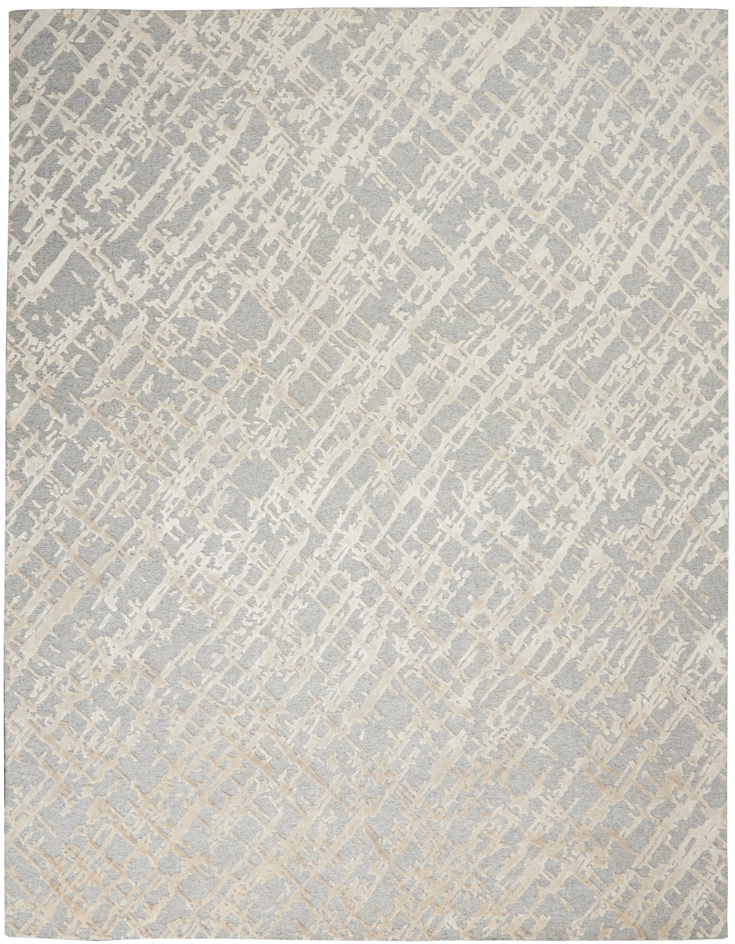 Neutral grey and ivory abstract rug with diagonal lattice texture; modern, versatile floor decor.